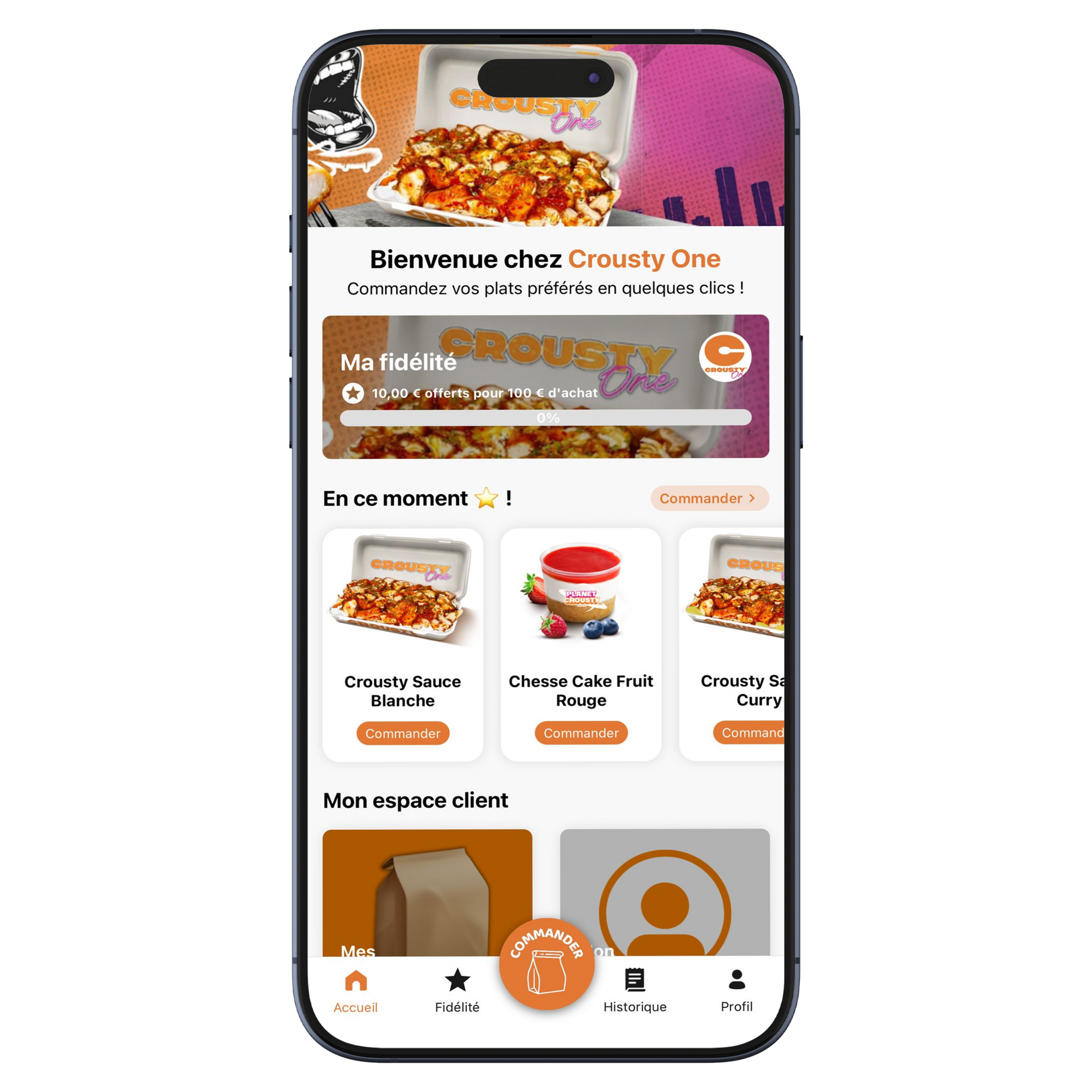 Application mobile Crousty One sur smartphone avec système de commande et fidélité