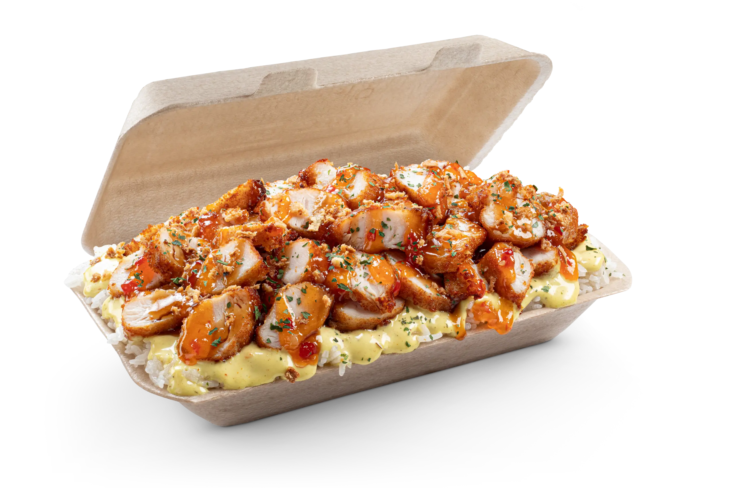 Plat Crousty One Curry avec poulet et riz dans une barquette